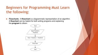 Beginners for Programming Must Learn
the following:
 Flowcharts - A flowchart is a diagrammatic representation of an algorithm.
A flowchart can be helpful for both writing programs and explaining
the program to others.
 