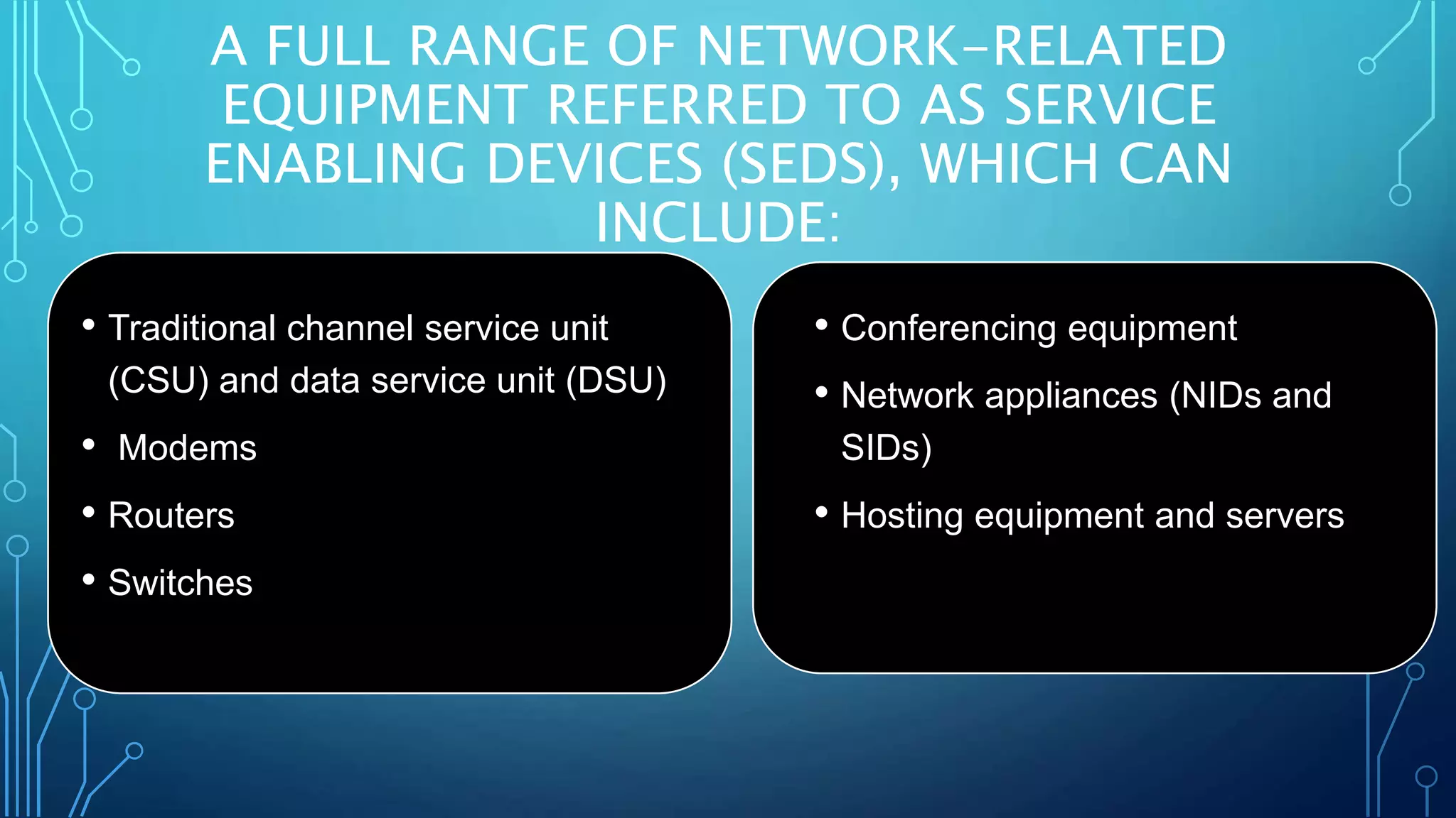 A FULL RANGE OF NETWORK-RELATED
EQUIPMENT REFERRED TO AS SERVICE
ENABLING DEVICES (SEDS), WHICH CAN
INCLUDE:
• Traditional channel service unit
(CSU) and data service unit (DSU)
• Modems
• Routers
• Switches
• Conferencing equipment
• Network appliances (NIDs and
SIDs)
• Hosting equipment and servers
 