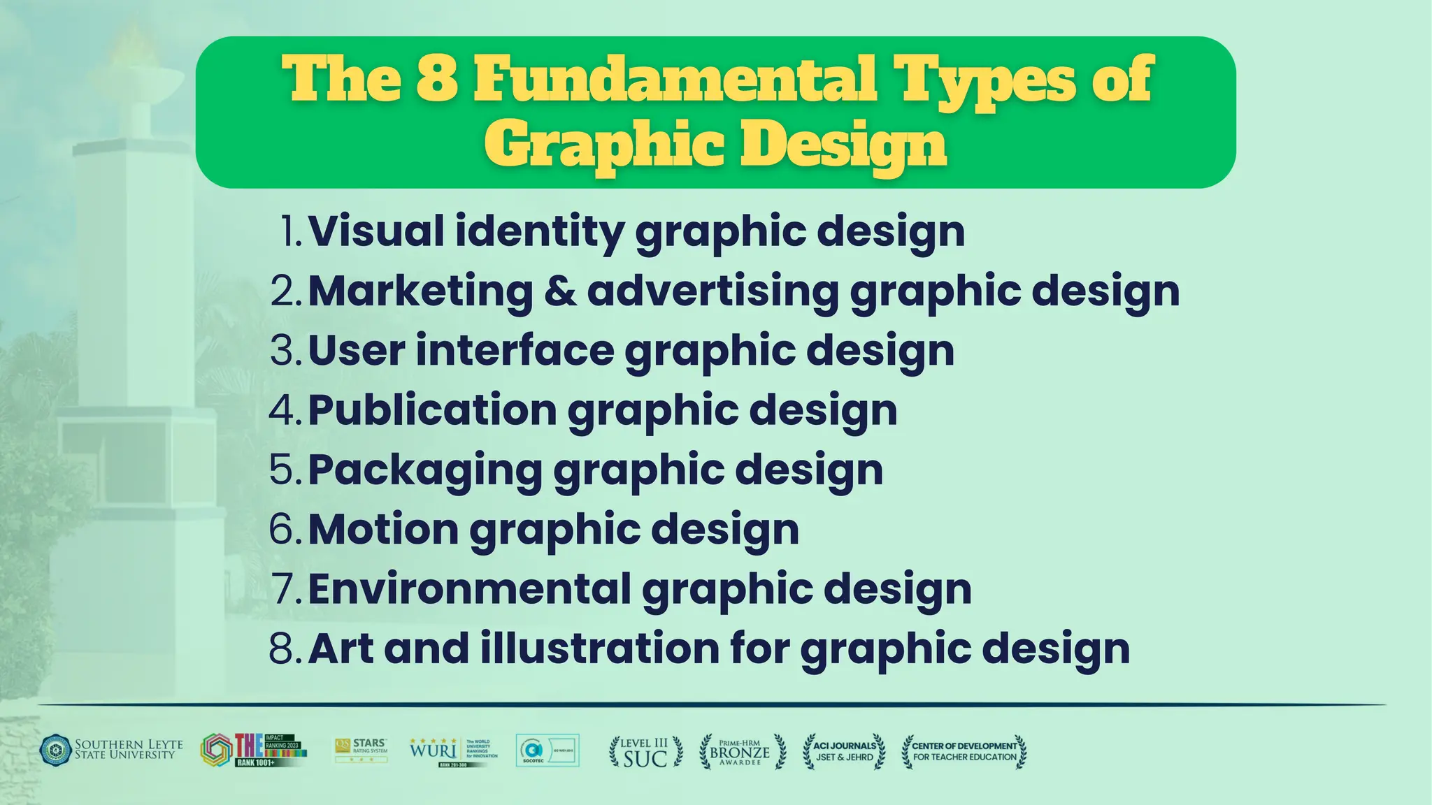 Visual identity graphic design
1.
Marketing & advertising graphic design
2.
User interface graphic design
3.
Publication graphic design
4.
Packaging graphic design
5.
Motion graphic design
6.
Environmental graphic design
7.
Art and illustration for graphic design
8.
 