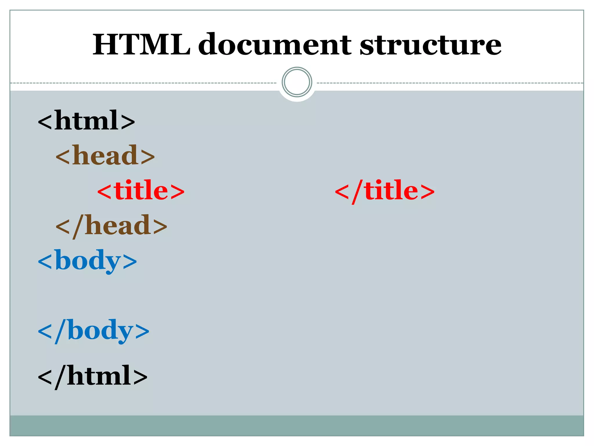 HTML document structure
<html>
<head>
<title> </title>
</head>
<body>
</body>
</html>
 