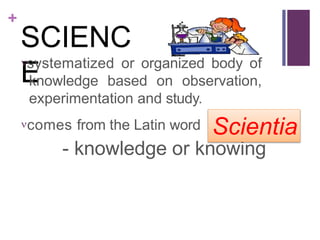 +
SCIENC
E
systematized or organized body of
knowledge based on observation,
experimentation and study.
comes from the Latin word
- knowledge or knowing
Scientia
 