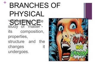 +
BRANCHES OF
PHYSICAL
SCIENCE
 Chemistry- the
study of “matter”-
its composition,
properties,
structure and the
changes it
undergoes.
 