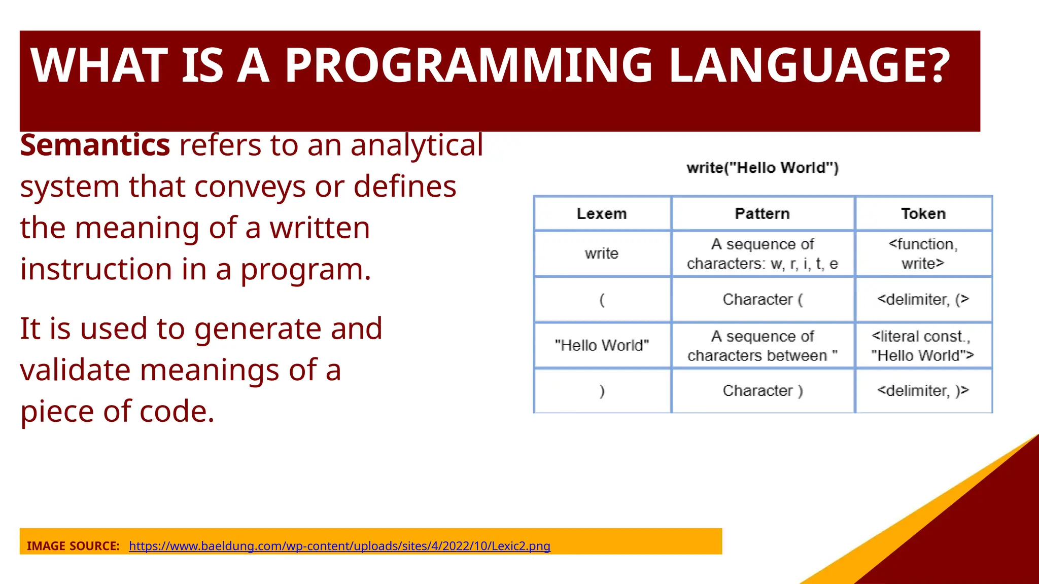 WHAT IS A PROGRAMMING LANGUAGE?
Semantics refers to an analytical
system that conveys or defines
the meaning of a written
instruction in a program.
It is used to generate and
validate meanings of a
piece of code.
IMAGE SOURCE: https://www.baeldung.com/wp-content/uploads/sites/4/2022/10/Lexic2.png
 