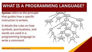 WHAT IS A PROGRAMMING LANGUAGE?
Syntax refers to the principle
that guides how a specific
instruction is written.
It details the rules on how
symbols, punctuations, and
words are used in a
programming language to
write a command.
IMAGE SOURCE: https://cs.lmu.edu/~ray/images/ast.png
 