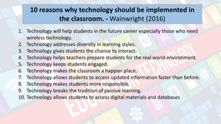 What is Technology?
- refers to the advancements in the methods and
tools people use to solve problems and achieve a
goal.
10 reasons why technology should be implemented in
the classroom. - Wainwright (2016)
1. Technology will help students in the future career especially those who need
wireless technology.
2. Technology addresses diversity in learning styles.
3. Technology gives students the chance to interact.
4. Technology helps teachers prepare students for the real world environment.
5. Technology keeps students engaged.
6. Technology makes the classroom a happier place.
7. Technology allows students to access updated information faster than before.
8. Technology makes students more responsible.
9. Technology breaks the tradition of passive learning.
10. Technology allows students to access digital materials and databases
 