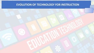 Gain attention -- technology’s visual and interactive qualities can easily motivate and direct students’ attention toward learning tasks. o Support manual operations during high – level learning – students are more motivated to learn complex skills when technology tools help them do the low – level skills involved o Illustrate real world
relevance through highly visual presentations – students are more likely to learn skills that have clear real – life applications to their future work. o Engage through production work – students who learn by creating their own products with technologies such as word processing, multimedia, hypermedia and other technology products report
higher engagement in learning and a greater sense of pride in their achievements. o Collaborate students with audience for their communication – students get to be more motivated to write and do their best production work when they publish it on the Web, since others outside the classroom will see their work. o Supply self – paced
learning for capable students – students who can learn on their own with software tutorials and / or distance educational materials can be directed to take topics ahead of others. o Allow access to learning opportunities – students with disabilities depend on technology to compensate for vision, hearing, or manual dexterity they need to
read, interact in class, and do products to show what they have learned. o Provide faster access to information – integrated learning systems can help teachers quickly assess and track students’ progress, also, collection of submitted data online can be gathered easily.
EVOLUTION OF TECHNOLOGY FOR INSTRUCTION
 