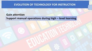 Gain attention
Support manual operations during high – level learning
Illustrate real world relevance through highly visual presentations – students are more likely to learn skills that have clear real – life applications to their future work.
o Engage through production work – students who learn by creating their own products with technologies such as word processing, multimedia, hypermedia and other technology products report higher engagement in learning and a greater sense of pride in their achievements. o Collaborate students with audience for their communication – students get to be more motivated to write and do their best production work when they publish it on the Web, since others outside the classroom will see their work. o Supply self – paced learning for capable students – students who can learn on their own with software tutorials and / or distance educational materials can be directed to take topics ahead of others. o Allow access to learning opportunities – students with disabilities depend on technology to compensate for vision, hearing, or manual dexterity they need to read, interact in class, and do products to show what they have learned. o Provide faster access to information – integrated learning systems can help teachers quickly assess and track students’ progress, also, collection of submitted data online can be gathered easily.
EVOLUTION OF TECHNOLOGY FOR INSTRUCTION
 