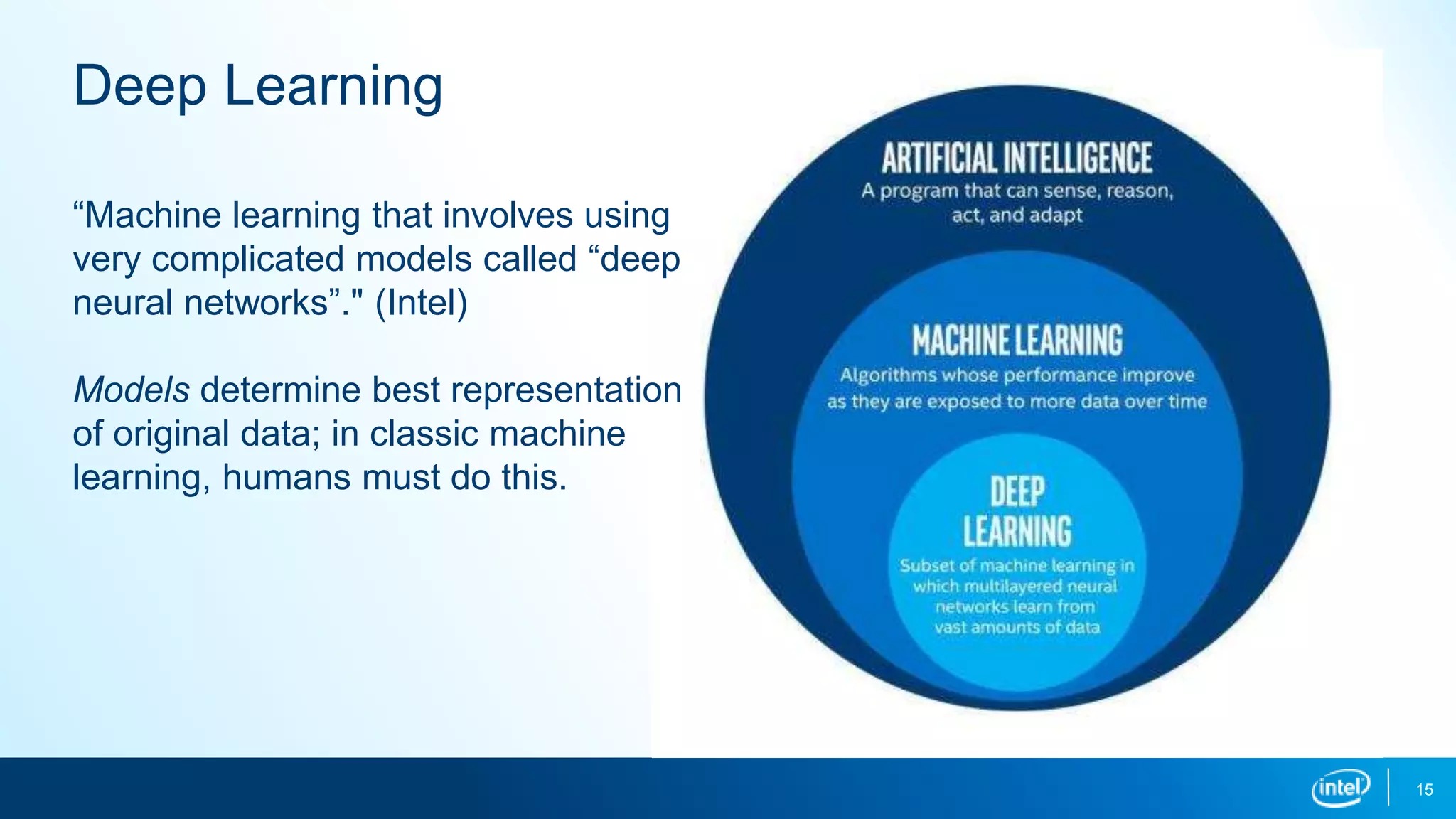 15
Deep Learning
“Machine learning that involves using
very complicated models called “deep
neural networks”." (Intel)
Models determine best representation
of original data; in classic machine
learning, humans must do this.
 
