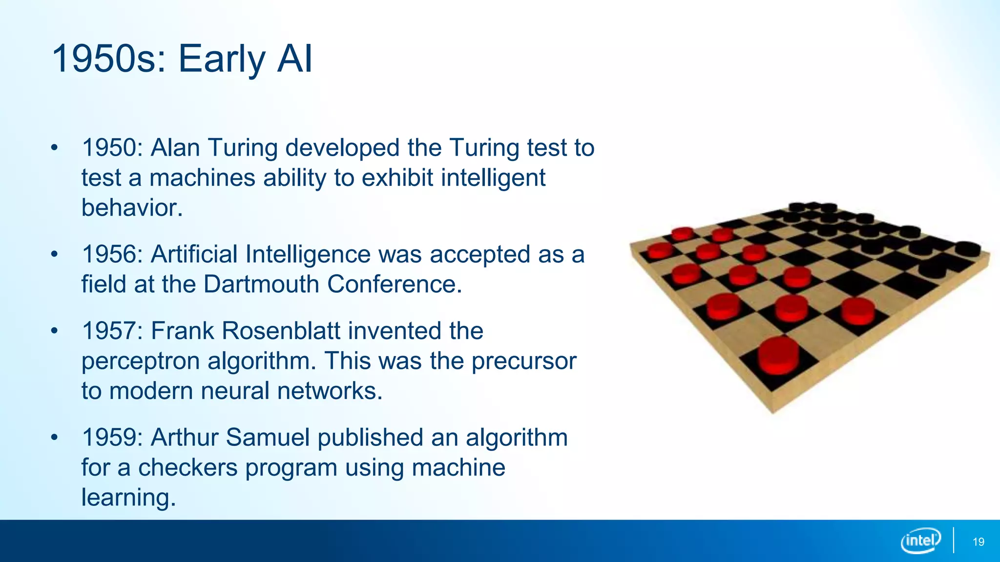 19
1950s: Early AI
• 1950: Alan Turing developed the Turing test to
test a machines ability to exhibit intelligent
behavior.
• 1956: Artificial Intelligence was accepted as a
field at the Dartmouth Conference.
• 1957: Frank Rosenblatt invented the
perceptron algorithm. This was the precursor
to modern neural networks.
• 1959: Arthur Samuel published an algorithm
for a checkers program using machine
learning.
 