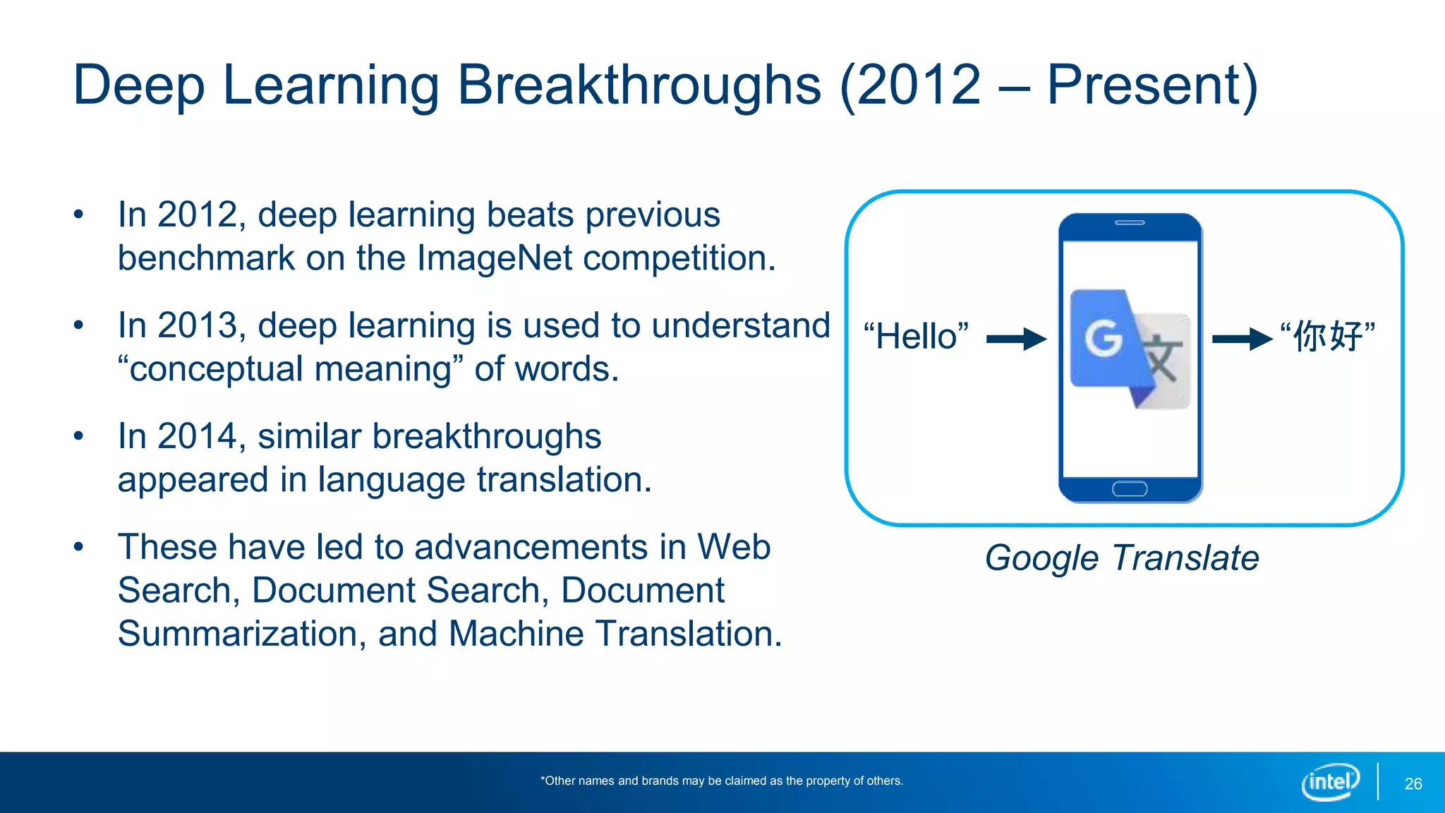 26
Deep Learning Breakthroughs (2012 – Present)
• In 2012, deep learning beats previous
benchmark on the ImageNet competition.
• In 2013, deep learning is used to understand
“conceptual meaning” of words.
• In 2014, similar breakthroughs
appeared in language translation.
• These have led to advancements in Web
Search, Document Search, Document
Summarization, and Machine Translation.
“Hello” “你好”
Google Translate
*Other names and brands may be claimed as the property of others.
 