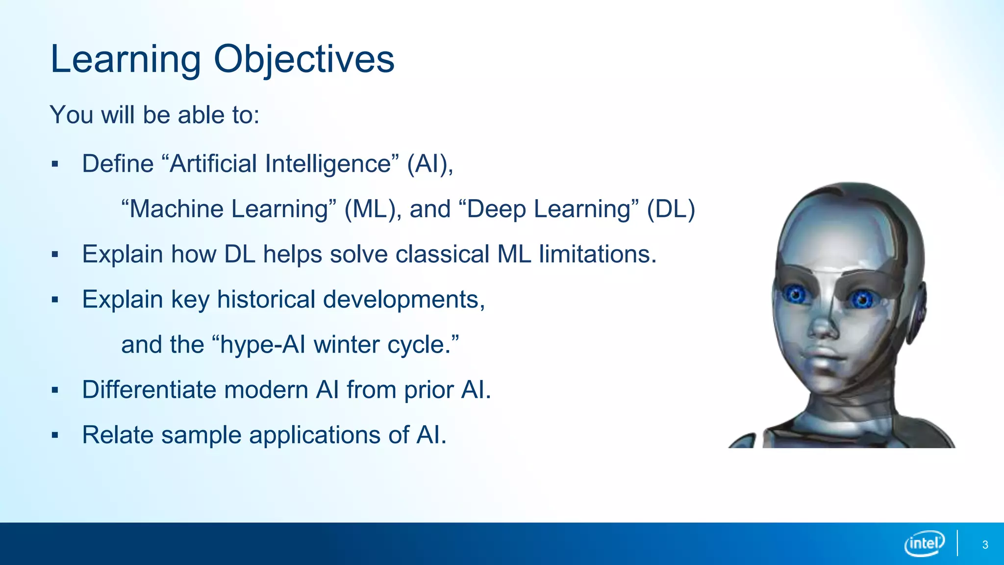 3
Learning Objectives
▪ Define “Artificial Intelligence” (AI),
“Machine Learning” (ML), and “Deep Learning” (DL)
▪ Explain how DL helps solve classical ML limitations.
▪ Explain key historical developments,
and the “hype-AI winter cycle.”
▪ Differentiate modern AI from prior AI.
▪ Relate sample applications of AI.
You will be able to:
 