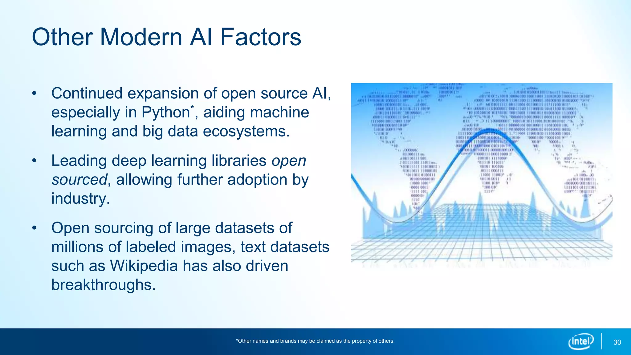 30
Other Modern AI Factors
• Continued expansion of open source AI,
especially in Python*, aiding machine
learning and big data ecosystems.
• Leading deep learning libraries open
sourced, allowing further adoption by
industry.
• Open sourcing of large datasets of
millions of labeled images, text datasets
such as Wikipedia has also driven
breakthroughs.
*Other names and brands may be claimed as the property of others.
 