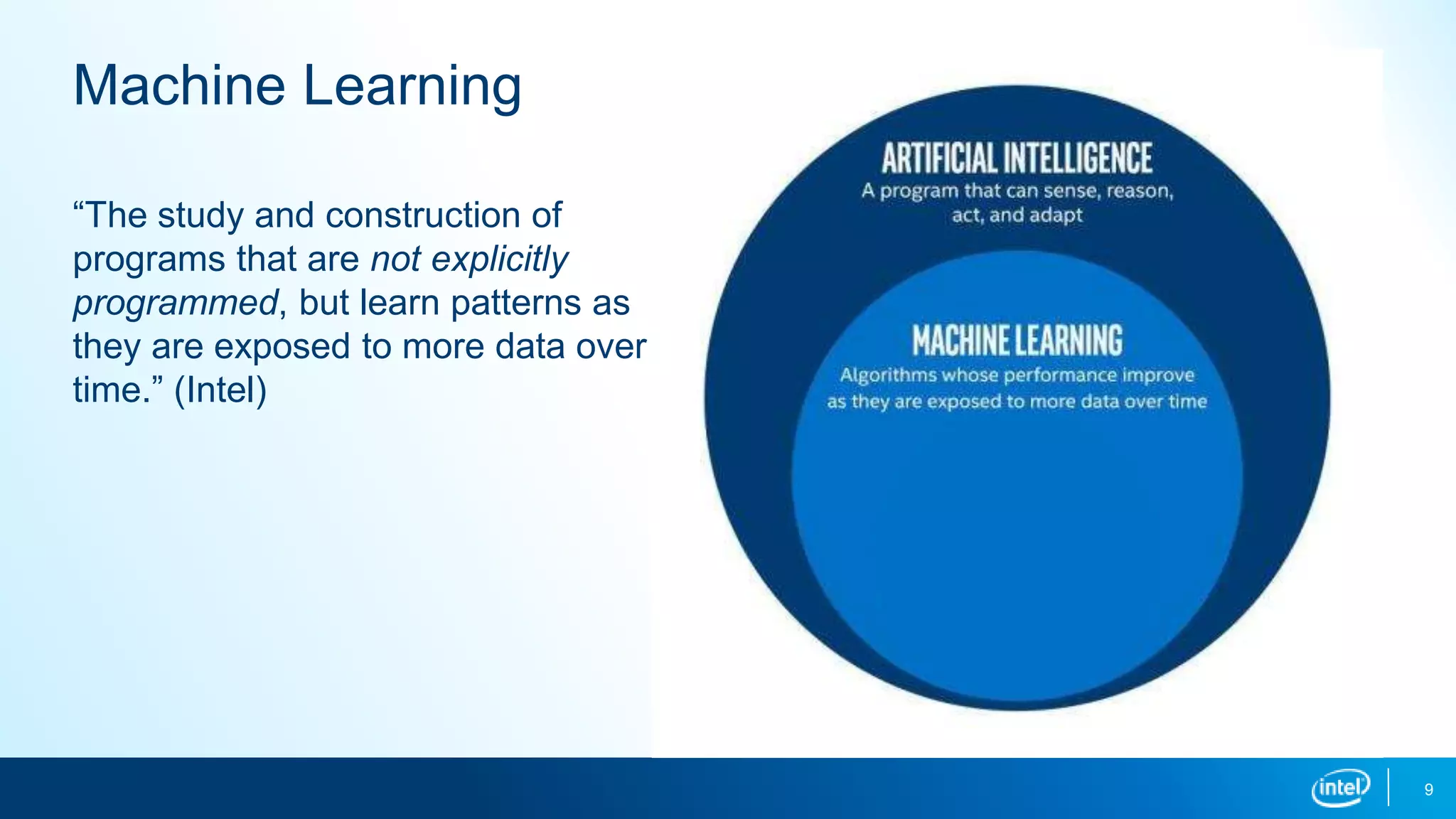 9
Machine Learning
“The study and construction of
programs that are not explicitly
programmed, but learn patterns as
they are exposed to more data over
time.” (Intel)
 