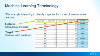 11
Machine Learning Terminology
Target:
Column to be predicted.
Features:
Attributes of the data.
This example is learning to classify a species from a set of measurement
features.
 