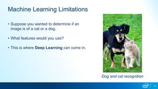 14
Machine Learning Limitations
• Suppose you wanted to determine if an
image is of a cat or a dog.
• What features would you use?
• This is where Deep Learning can come in.
Dog and cat recognition
 