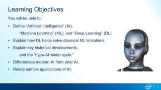 3
Learning Objectives
▪ Define “Artificial Intelligence” (AI),
“Machine Learning” (ML), and “Deep Learning” (DL)
▪ Explain how DL helps solve classical ML limitations.
▪ Explain key historical developments,
and the “hype-AI winter cycle.”
▪ Differentiate modern AI from prior AI.
▪ Relate sample applications of AI.
You will be able to:
 