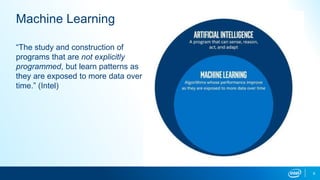 9
Machine Learning
“The study and construction of
programs that are not explicitly
programmed, but learn patterns as
they are exposed to more data over
time.” (Intel)
 