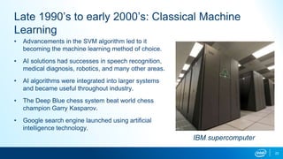 23
Late 1990’s to early 2000’s: Classical Machine
Learning
• Advancements in the SVM algorithm led to it
becoming the mach...
