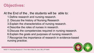 At the End of the , the students will be able to:
1.Define research and nursing research.
2. Discuss the history of Nursing Research
3.Explain the characteristics of nursing research.
4.Describe the roles of nurses in research.
5.Discuss the competencies required in nursing research.
6.Explain the goals and purposes of nursing research.
7.Recognize the importance of research in evidence-based
nursing practice.
NCM 111- Nursing Research 1- Prof. Mark Allan B. Juan, RN, LPT MAN
 