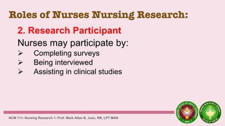 Roles of Nurses Nursing Research:
2. Research Participant
Nurses may participate by:
 Completing surveys
 Being interviewed
 Assisting in clinical studies
NCM 111- Nursing Research 1- Prof. Mark Allan B. Juan, RN, LPT MAN
 