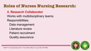 Roles of Nurses Nursing Research:
4. Research Collaborator
Works with multidisciplinary teams.
Responsibilities:
Data management
Literature review
Patient recruitment
Quality assurance
NCM 111- Nursing Research 1- Prof. Mark Allan B. Juan, RN, LPT MAN
 