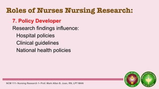 Roles of Nurses Nursing Research:
7. Policy Developer
Research findings influence:
Hospital policies
Clinical guidelines
National health policies
NCM 111- Nursing Research 1- Prof. Mark Allan B. Juan, RN, LPT MAN
 