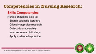 Competencies in Nursing Research:
Skills Competencies
Nurses should be able to:
Search scientific literature
Critically appraise research
Collect data accurately
Interpret research findings
Apply evidence to practice
NCM 111- Nursing Research 1- Prof. Mark Allan B. Juan, RN, LPT MAN
 