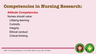 Competencies in Nursing Research:
Attitude Competencies
Nurses should value:
Lifelong learning
Curiosity
Integrity
Ethical conduct
Critical thinking
NCM 111- Nursing Research 1- Prof. Mark Allan B. Juan, RN, LPT MAN
 