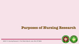 Purposes of Nursing Research
NCM 111- Nursing Research 1- Prof. Mark Allan B. Juan, RN, LPT MAN
 