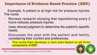 Importance of Evidence-Based Practice (EBP)
Example: A patient is at high risk for pressure injuries.
The nurse:
• Reviews research showing that repositioning every 2
hours reduces pressure injuries.
• Uses clinical judgment to determine the patient's specific
needs.
• Discusses the plan with the patient and family,
considering their comfort and preferences.
• The nurse then develops a care plan based on all three
components of EBP.
NCM 111- Nursing Research 1- Prof. Mark Allan B. Juan, RN, LPT MAN
 