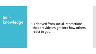 Self-
knowledge Is derived from social interactions
that provide insight into how others
react to you.
 