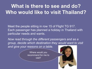 What is there to see and do?
Who would like to visit Thailand?
Meet the people sitting in row 15 of Flight TG 917.
Each passenger has planned a holiday in Thailand with
particular needs and wants.
Now read through the different passengers and as a
group, decide which destination they would want to visit
and give your reasons on a table.
Where would you
recommend for me to
visit?
 