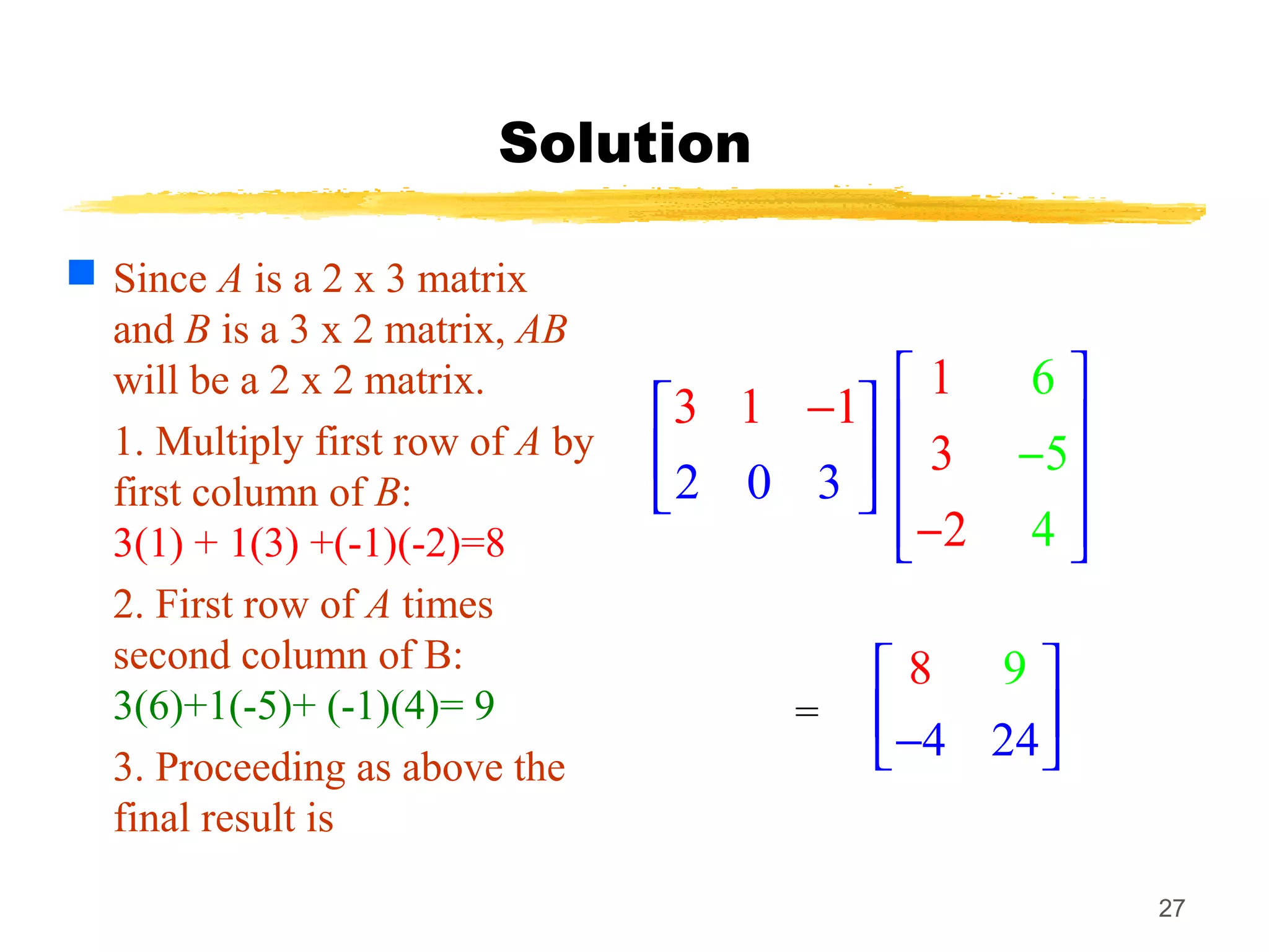 27
Solution
2 0 3
3 1 1 
 
 
−
 Since A is a 2 x 3 matrix
and B is a 3 x 2 matrix, AB
will be a 2 x 2 matrix.
1. Multiply first row of A by
first column of B:
3(1) + 1(3) +(-1)(-2)=8
2. First row of A times
second column of B:
3(6)+1(-5)+ (-1)(4)= 9
3. Proceeding as above the
final result is
6
5
4
1
3
2
 
 
 
  
−
−
4
98
4 2
 
 − 
=
 
