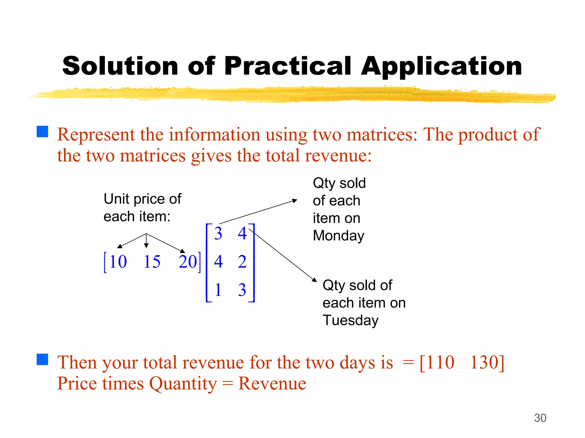 30
Solution of Practical Application
 Represent the information using two matrices: The product of
the two matrices gives the total revenue:
 Then your total revenue for the two days is = [110 130]
Price times Quantity = Revenue
[ ]
3 4
10 15 20 4 2
1 3
 
 
 
  
Unit price of
each item:
Qty sold
of each
item on
Monday
Qty sold of
each item on
Tuesday
 
