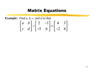13
Matrix Equations
Example: Find a, b, c, and d so that
2 1 4 3
5 6 2 4
a b
c d
−     
− =     − −     
 