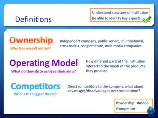 Definitions
#ownership #model
#competitor
Who has overall control?
Independent company, public service, multinational,
cross media, conglomerate, multimedia companies.
What do they do to achieve their aims?
How different parts of the institution
interact to the needs of the products
they produce.
Who is the biggest threat?
Direct competitors to the company, what about
advantages/disadvantages over competition?
Understand structure of institution
Be able to identify key aspects
 