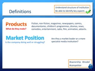 Definitions
#ownership #model
#competitor
Fiction, non-fiction, magazines, newspapers, comics,
documentaries, children’s programmes, dramas, news,
comedies, entertainment, radio, film, animation, adverts.
Are they a market leader or a more
specialist media institution?
What do they make?
Is the company doing well or struggling?
Understand structure of institution
Be able to identify key aspects
 