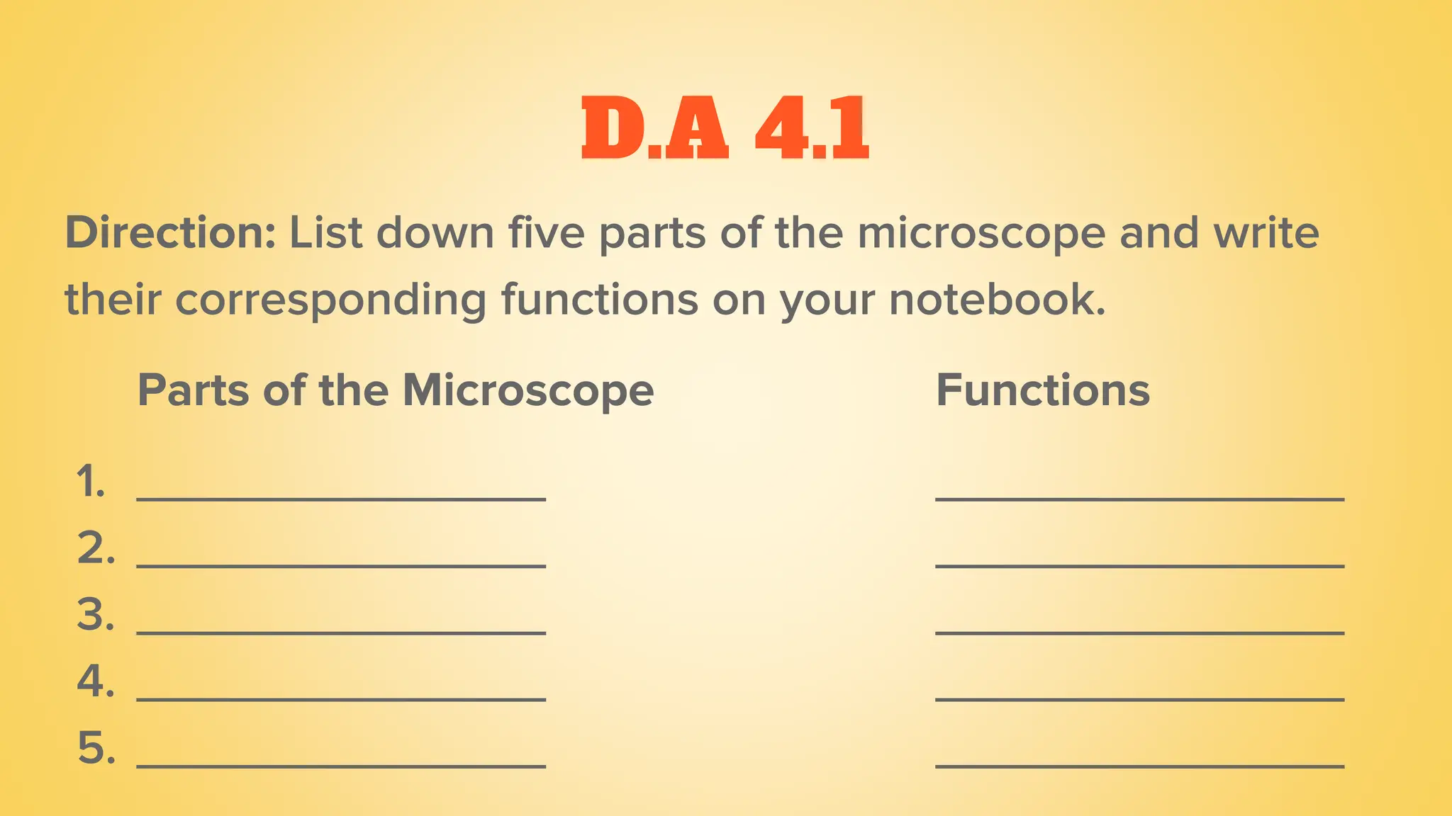 D.A 4.1
Direction: List down five parts of the microscope and write
their corresponding functions on your notebook.
Parts of the Microscope Functions
1. _______________ _______________
2. _______________ _______________
3. _______________ _______________
4. _______________ _______________
5. _______________ _______________
 