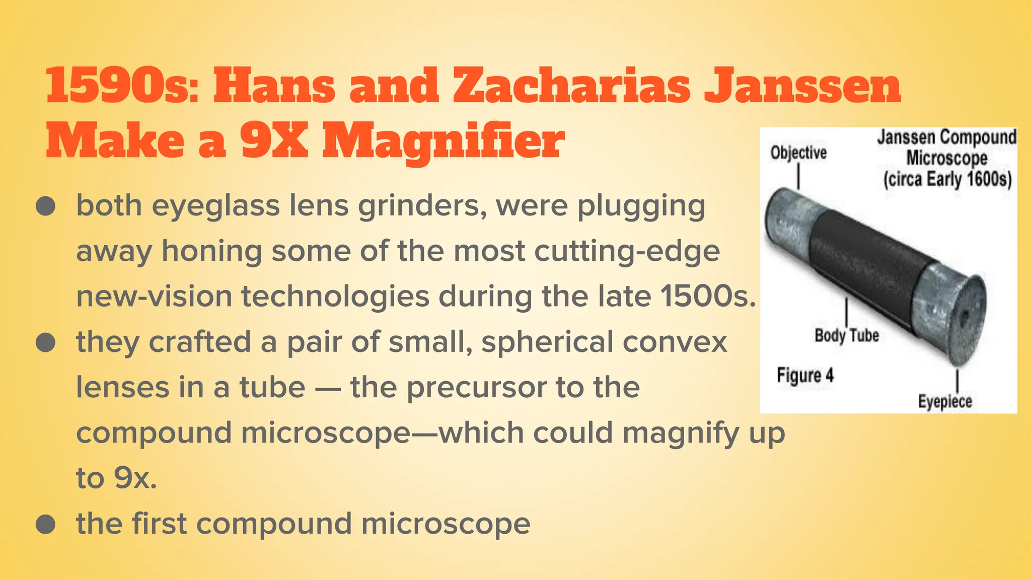 1590s: Hans and Zacharias Janssen
Make a 9X Magnifier
● both eyeglass lens grinders, were plugging
away honing some of the most cutting-edge
new-vision technologies during the late 1500s.
● they crafted a pair of small, spherical convex
lenses in a tube — the precursor to the
compound microscope—which could magnify up
to 9x.
● the first compound microscope
 