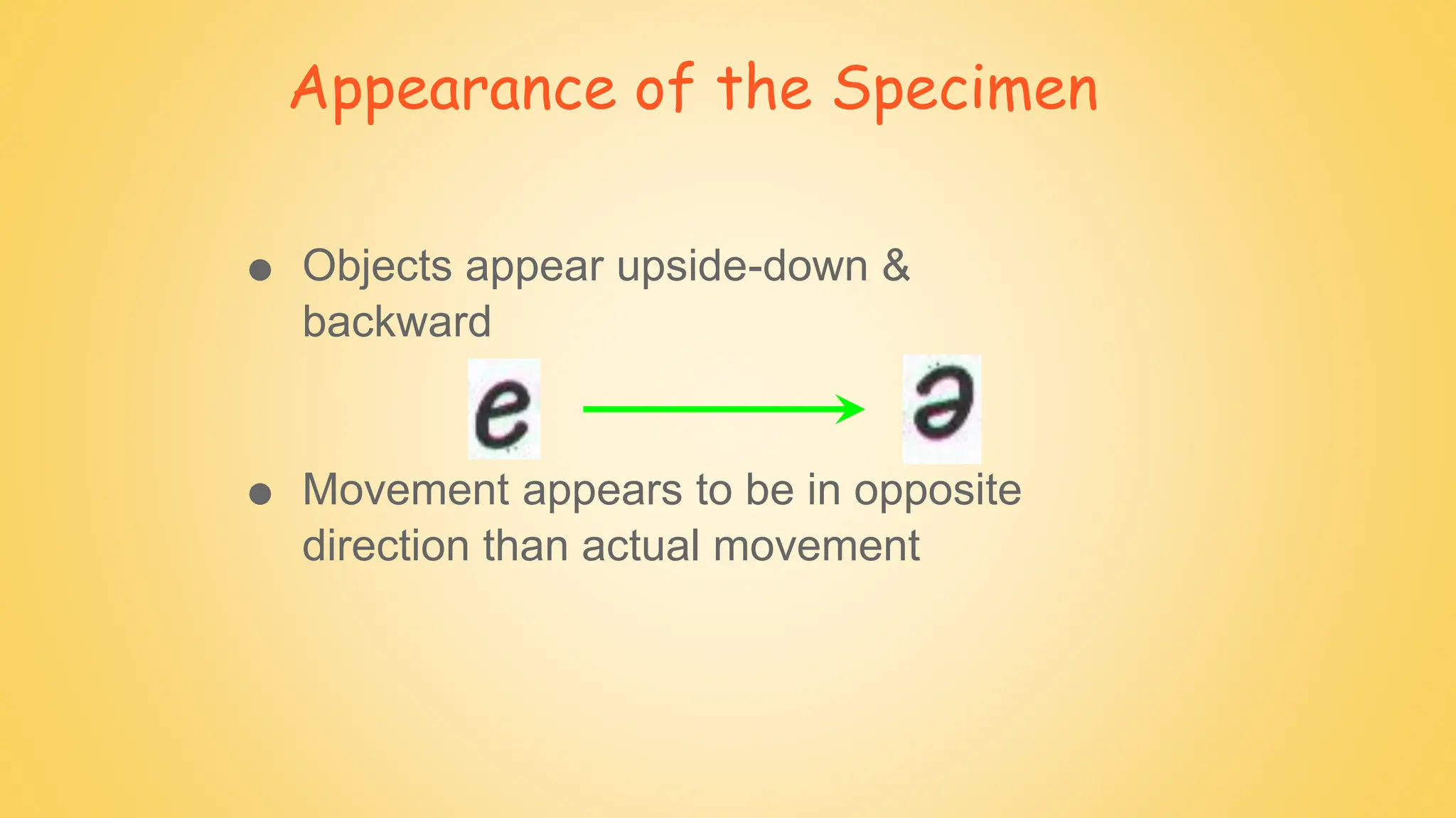 Appearance of the Specimen
● Objects appear upside-down &
backward
● Movement appears to be in opposite
direction than actual movement
 
