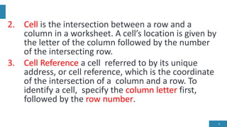 2. Cell is the intersection between a row and a
column in a worksheet. A cell’s location is given by
the letter of the column followed by the number
of the intersecting row.
3. Cell Reference a cell referred to by its unique
address, or cell reference, which is the coordinate
of the intersection of a column and a row. To
identify a cell, specify the column letter first,
followed by the row number.
4
 