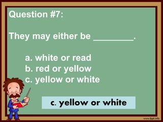 Question #7:
They may either be ________.
a. white or read
b. red or yellow
c. yellow or white
c. yellow or white
 