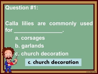 Question #1:
Calla lilies are commonly used
for ________________.
a. corsages
b. garlands
c. church decoration
c. church decoration
 