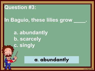 Question #3:
In Baguio, these lilies grow ____.
a. abundantly
b. scarcely
c. singly
a. abundantly
 