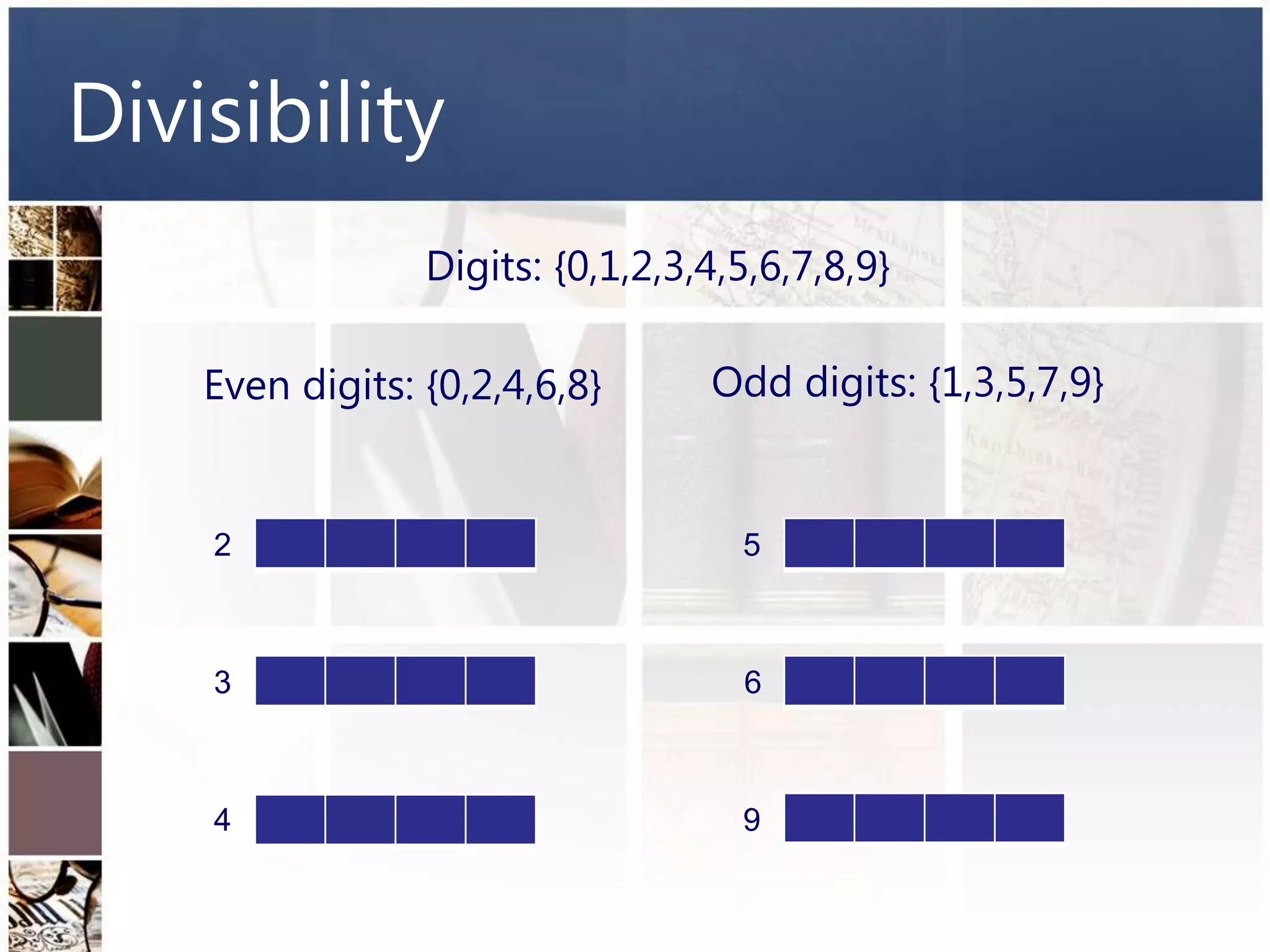 Divisibility
                 Digits: {0,1,2,3,4,5,6,7,8,9}

    Even digits: {0,2,4,6,8}      Odd digits: {1,3,5,7,9}


    2                               5



    3                               6



    4                               9
 