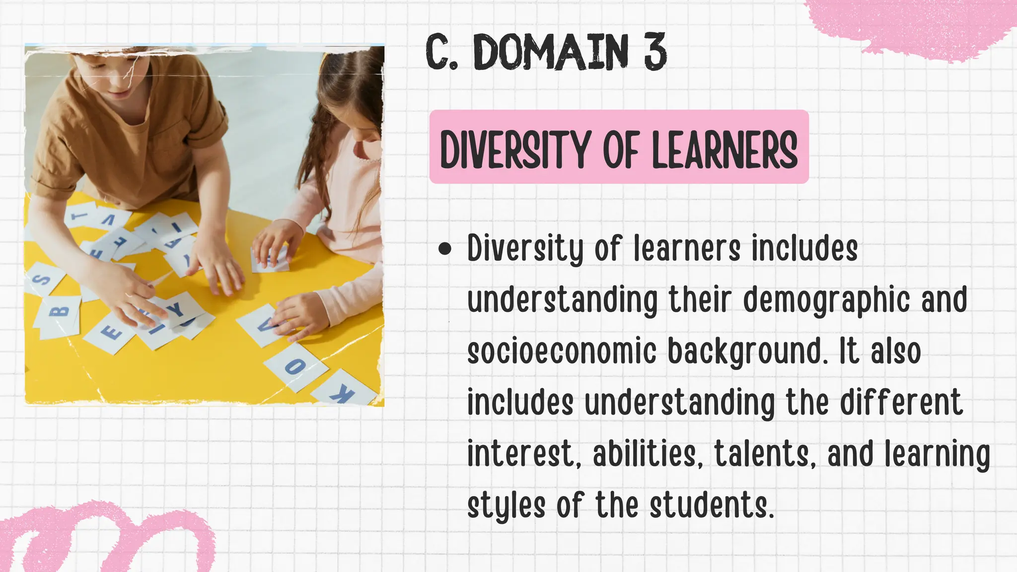C. DOMAIN 3
DIVERSITY OF LEARNERS
Diversity of learners includes
understanding their demographic and
socioeconomic background. It also
includes understanding the different
interest, abilities, talents, and learning
styles of the students.
 
