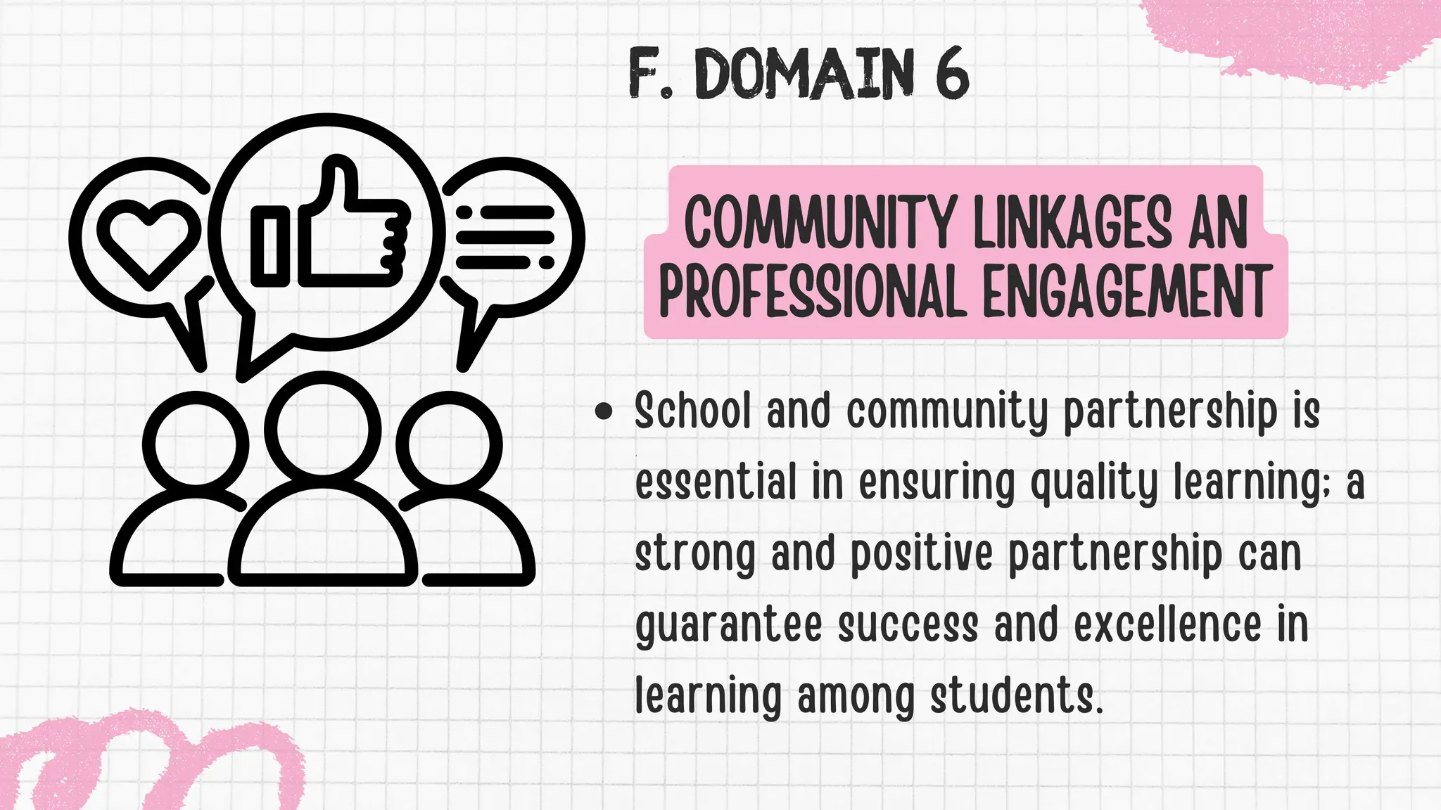 F. DOMAIN 6
COMMUNITY LINKAGES AN
PROFESSIONAL ENGAGEMENT
School and community partnership is
essential in ensuring quality learning; a
strong and positive partnership can
guarantee success and excellence in
learning among students.
 