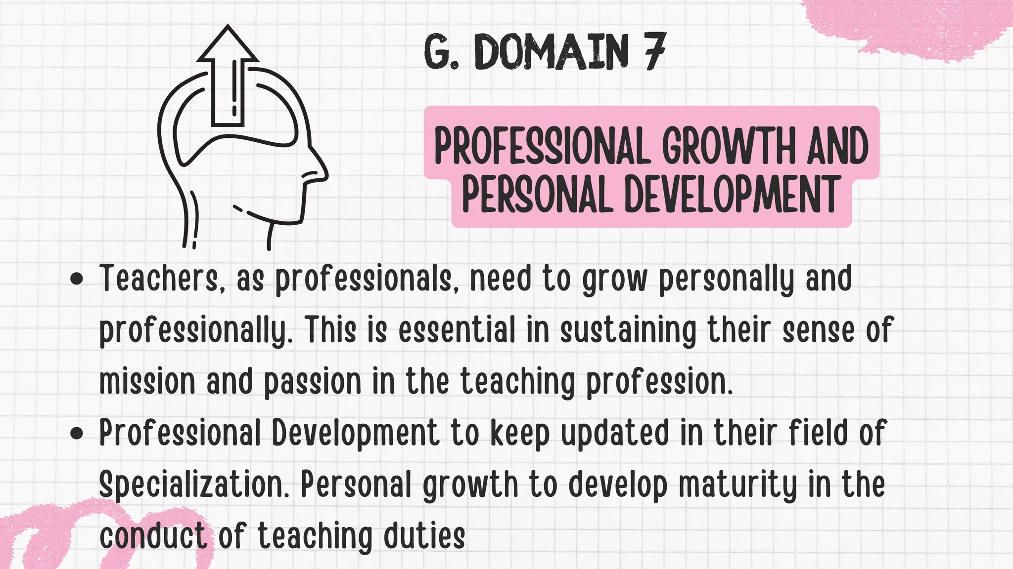 G. DOMAIN 7
PROFESSIONAL GROWTH AND
PERSONAL DEVELOPMENT
Teachers, as professionals, need to grow personally and
professionally. This is essential in sustaining their sense of
mission and passion in the teaching profession.
Professional Development to keep updated in their field of
Specialization. Personal growth to develop maturity in the
conduct of teaching duties
 