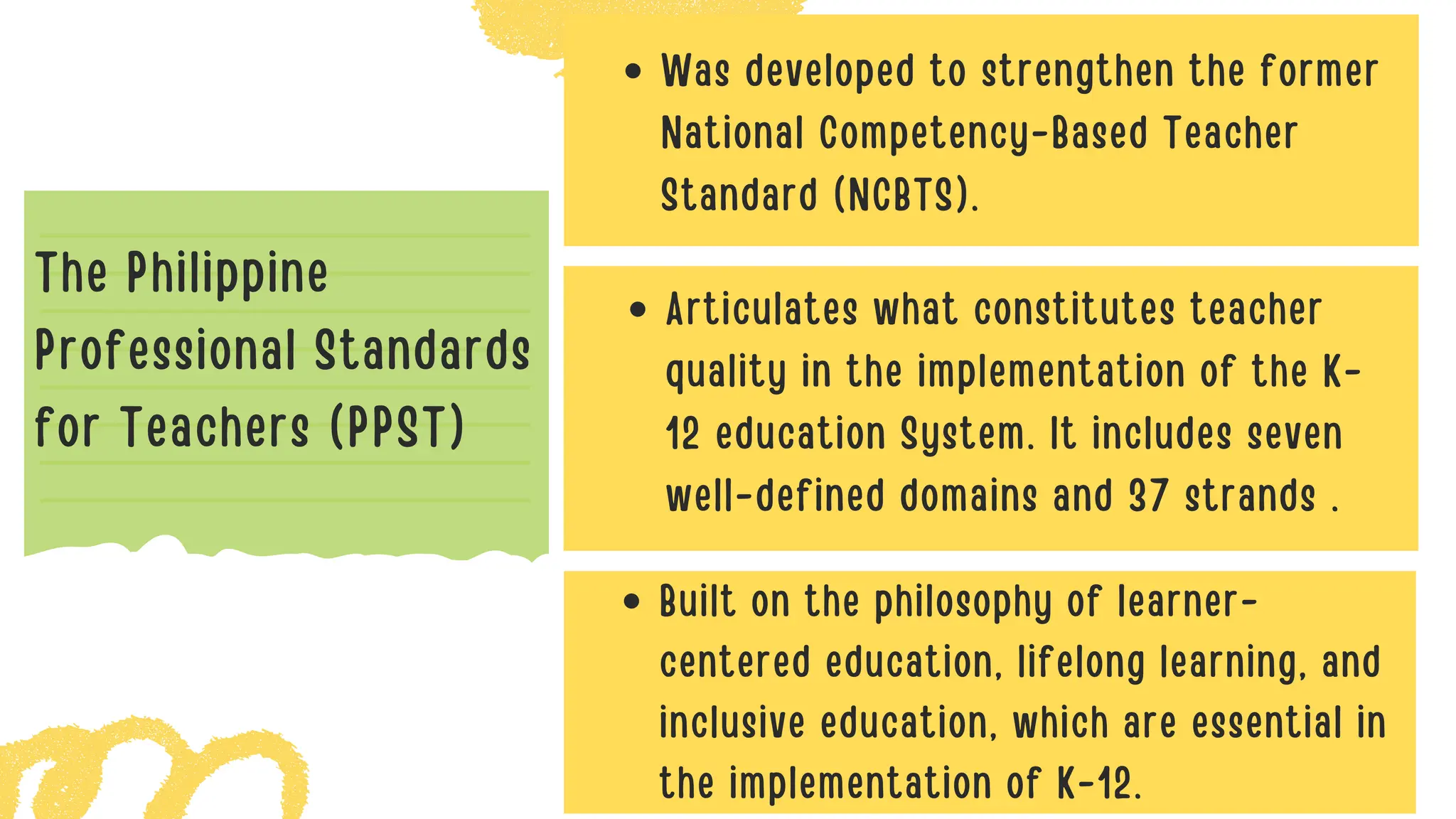 Was developed to strengthen the former
National Competency-Based Teacher
Standard (NCBTS).
Articulates what constitutes teacher
quality in the implementation of the K-
12 education System. It includes seven
well-defined domains and 37 strands .
Built on the philosophy of learner-
centered education, lifelong learning, and
inclusive education, which are essential in
the implementation of K-12.
The Philippine
Professional Standards
for Teachers (PPST)
 