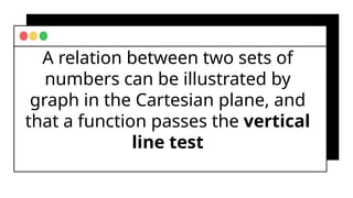 A relation between two sets of
numbers can be illustrated by
graph in the Cartesian plane, and
that a function passes the vertical
line test
 